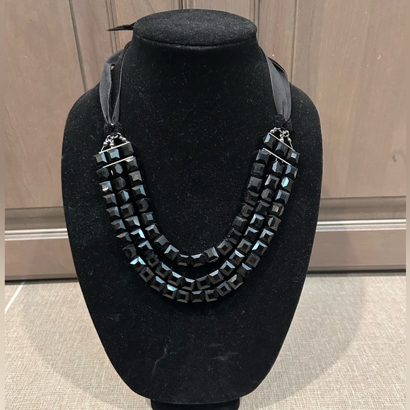 Black Beaded Statement Necklace with Velvet Ribbons - Picture 1 of 5